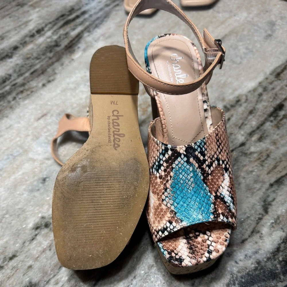 Charles David Wedge Sandals Women 7 Snakeskin Platform Cork Turquoise Tan